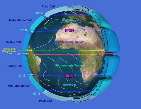 Global circulation of Earth's atmosphere displaying Hadley cell, Ferrell cell and polar cell.Kaidor, NASA depiction of earth global atmospheric circulation.jpg via Wikimedia Commons