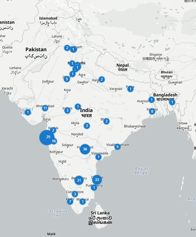 A map marking data centres in India